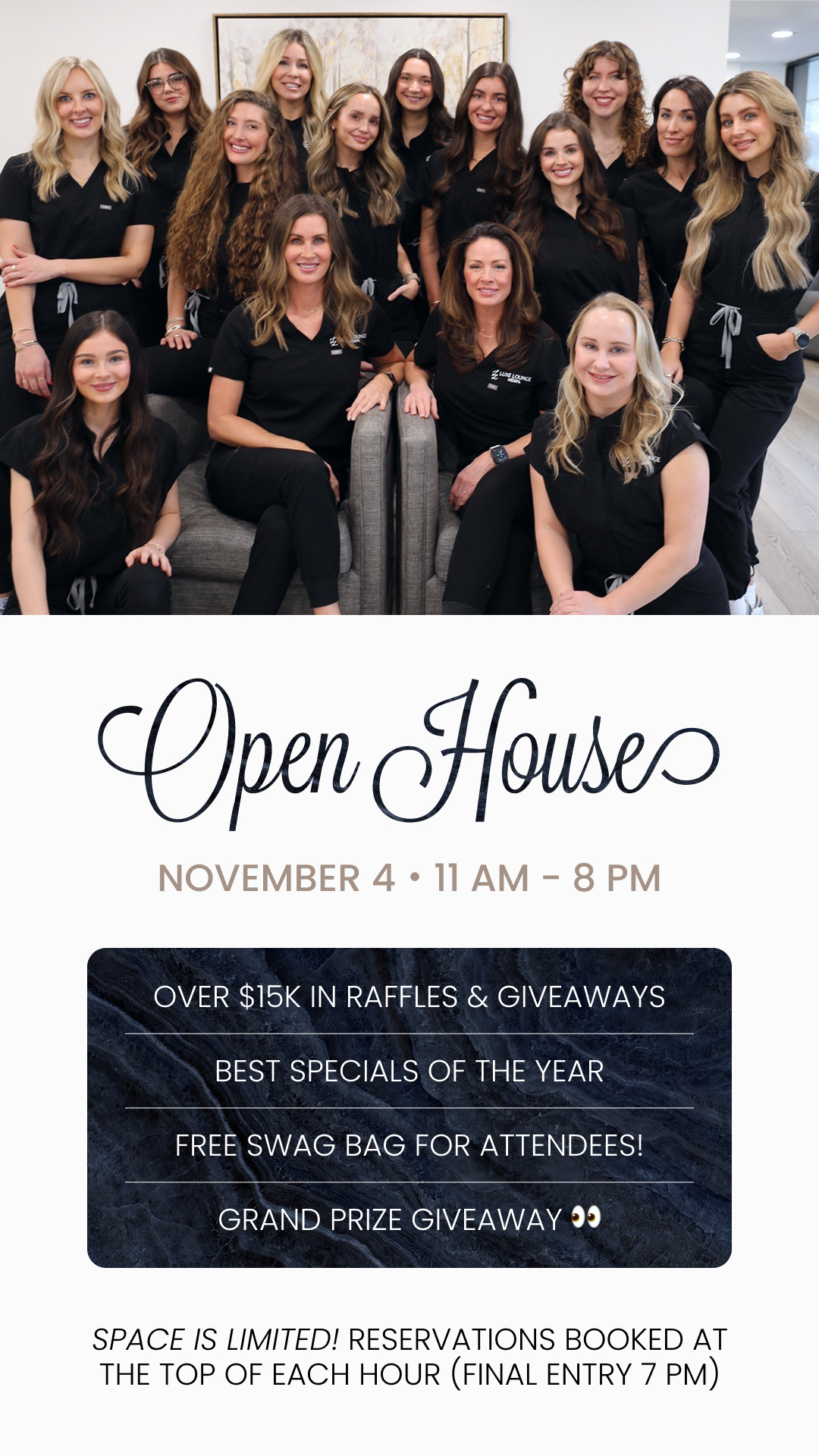 Luxe Lounge Open House on November 4 from 11 AM to 8 PM, featuring raffles, giveaways, specials, swag bags, and a grand prize